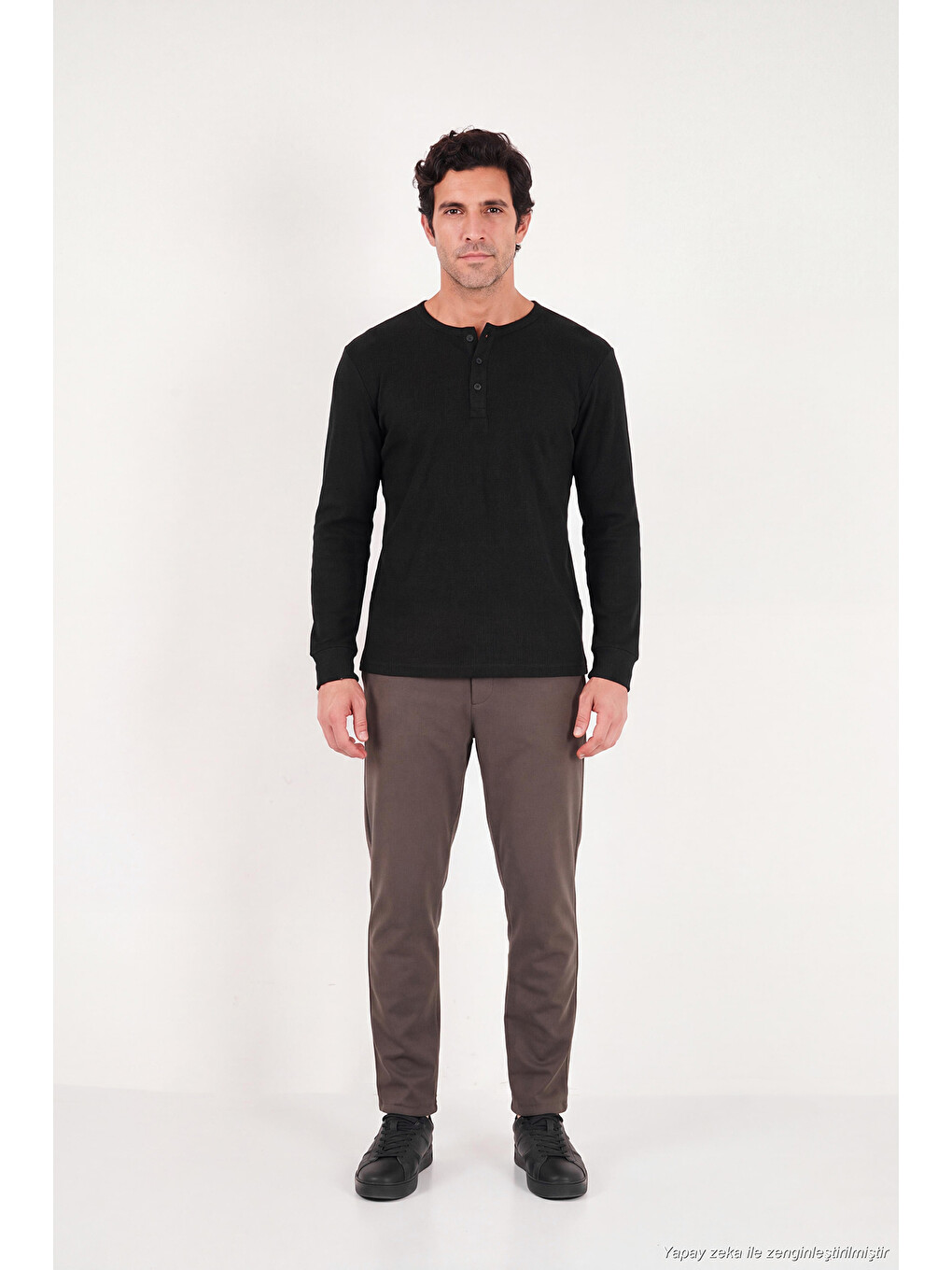 Siyah Pamuklu Regular Fit Düğmeli Bisiklet Yaka Sweat 5905852-1