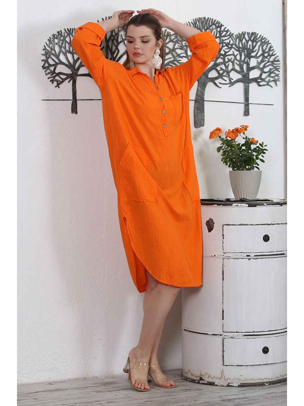 İtalyan Turuncu Gömlek Yaka Uzun Kol Düğmeli Çift Cepli Yıkamalı Dokuma Casual Elbise-4