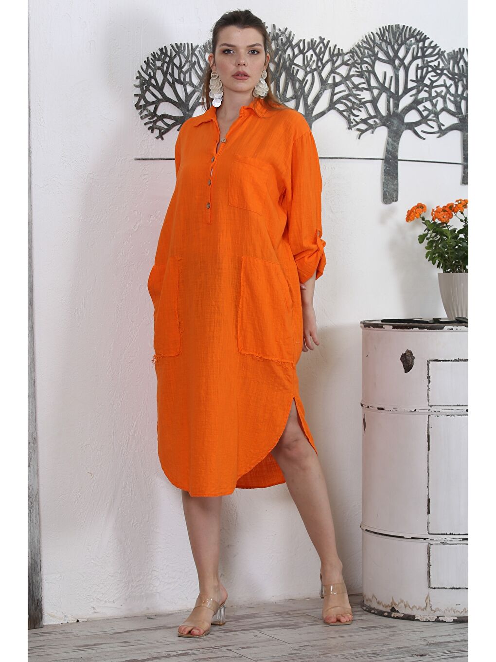 İtalyan Turuncu Gömlek Yaka Uzun Kol Düğmeli Çift Cepli Yıkamalı Dokuma Casual Elbise-6