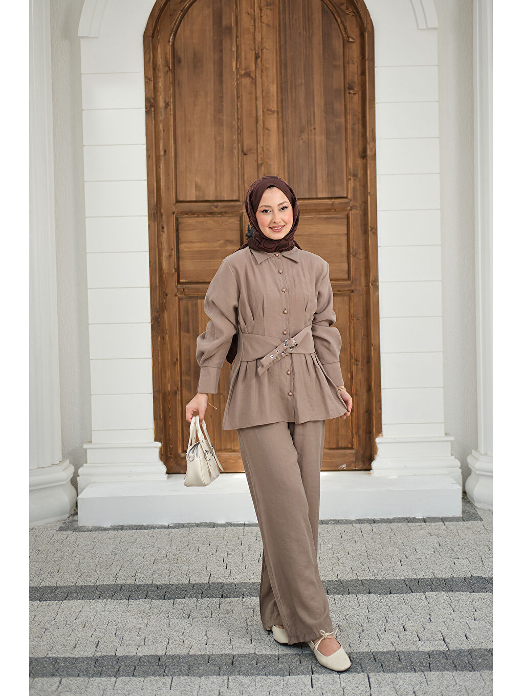 Bej Kadın Beli Pile Detay İki Kemerli Gömlek Yaka Takım Vizon-4