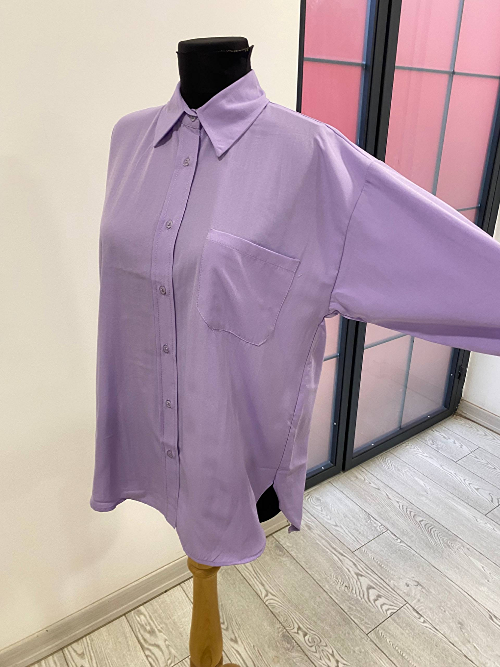 Lila Oversize Arkası Uzun Önü Kısa Poplin Gömlek-3