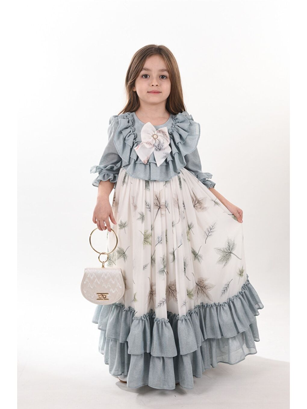 Yeşil Yaprak Desenli Kız Çocuk Uzun Elbise, Çantalı Kız Çocuk Mezuniyet Elbisesi_M2370