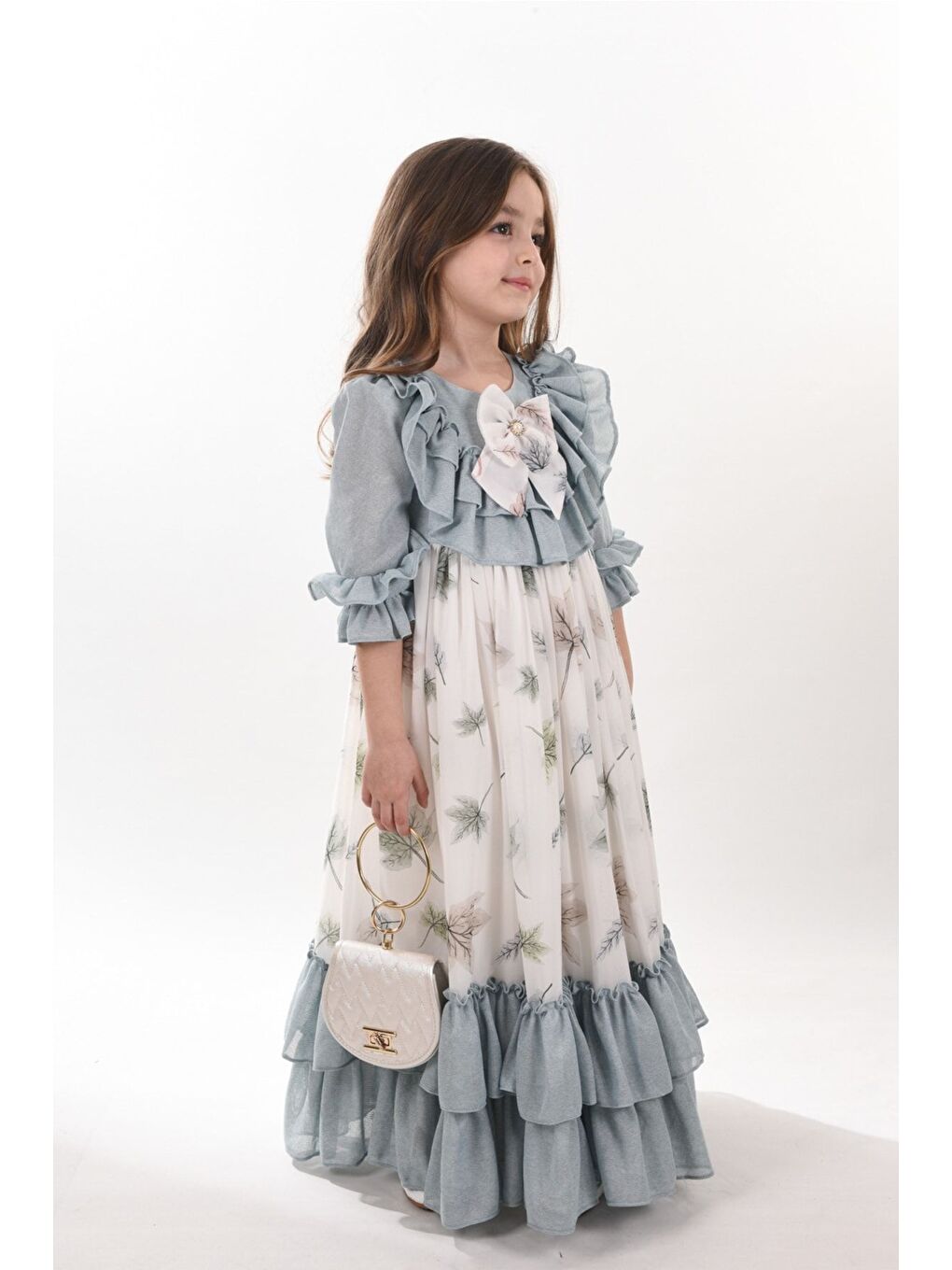 Yeşil Yaprak Desenli Kız Çocuk Uzun Elbise, Çantalı Kız Çocuk Mezuniyet Elbisesi_M2370-1