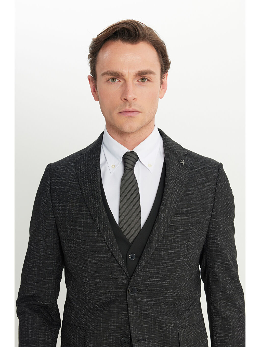 Erkek Siyah-Beyaz Yünlü Slim Fit Dar Kesim Mono Yaka Kapak Cepli Desenli Yelekli Takım Elbise-3