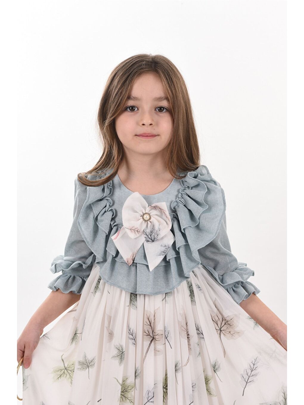 Yeşil Yaprak Desenli Kız Çocuk Uzun Elbise, Çantalı Kız Çocuk Mezuniyet Elbisesi_M2370-2