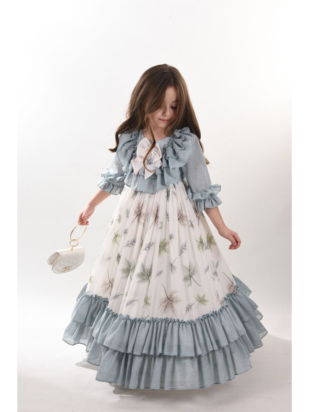 Yeşil Yaprak Desenli Kız Çocuk Uzun Elbise, Çantalı Kız Çocuk Mezuniyet Elbisesi_M2370-3