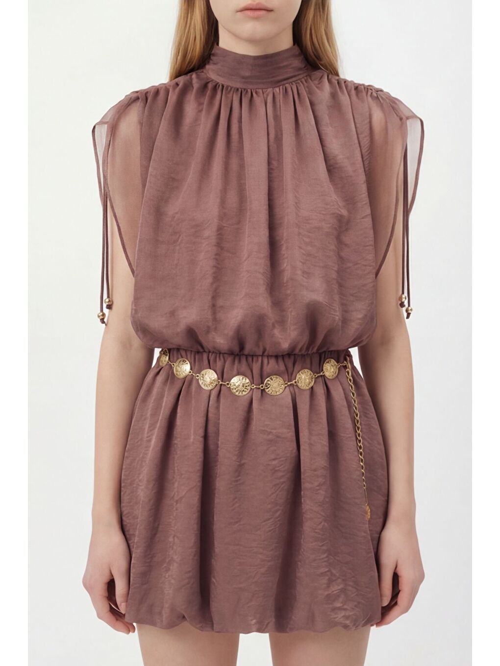Yarasa Kol Zincir Kemerli Mini Elbise Kahverengi-1