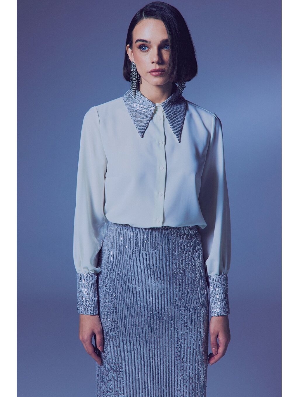 Gri Payet Detaylı Gömlek - Ekru-Gümüş