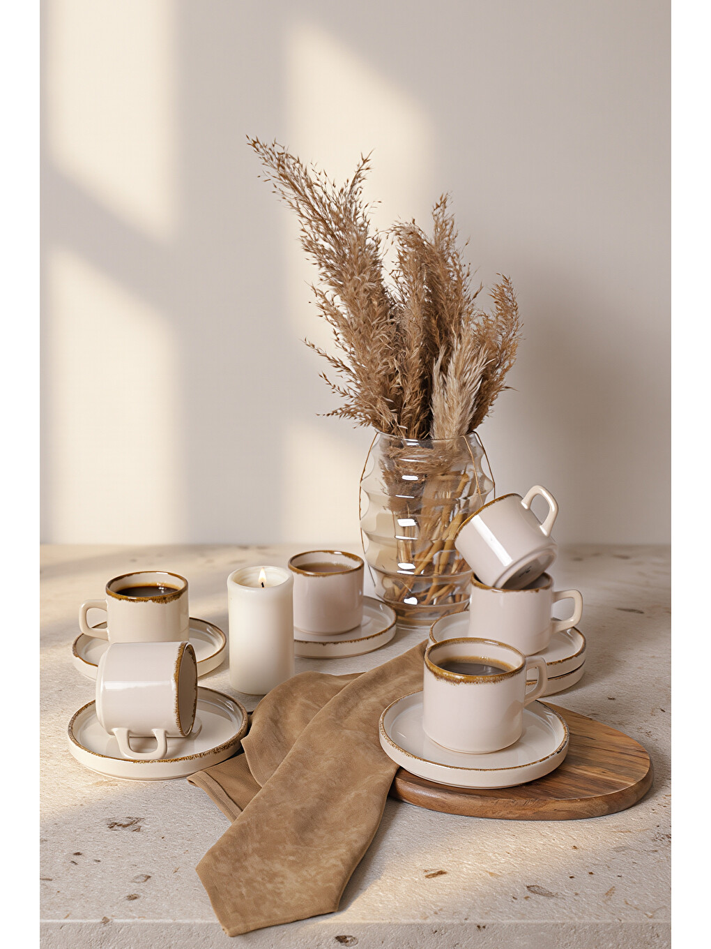 Ekru Straw Stackable Çay Takımı 12 Parça 6 Kişilik