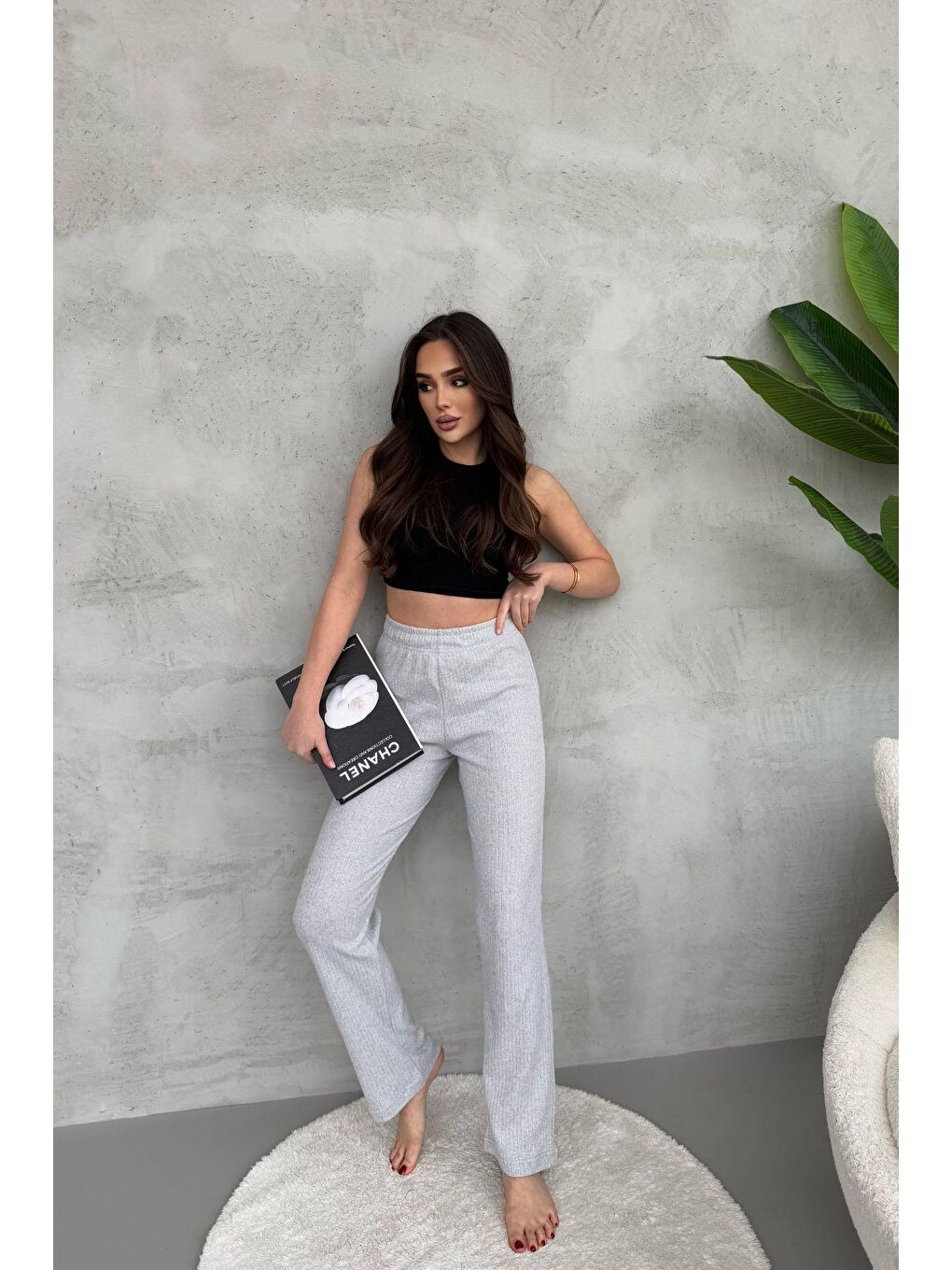 Kadın Gri Yüksek Bel Fitilli Bol Paça Günlük İnce Eşofman Altı Pijama