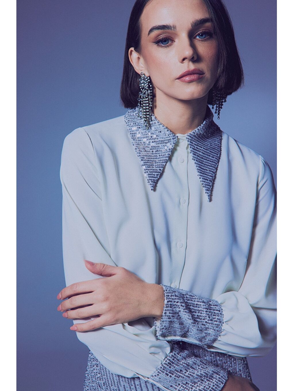 Gri Payet Detaylı Gömlek - Ekru-Gümüş-1