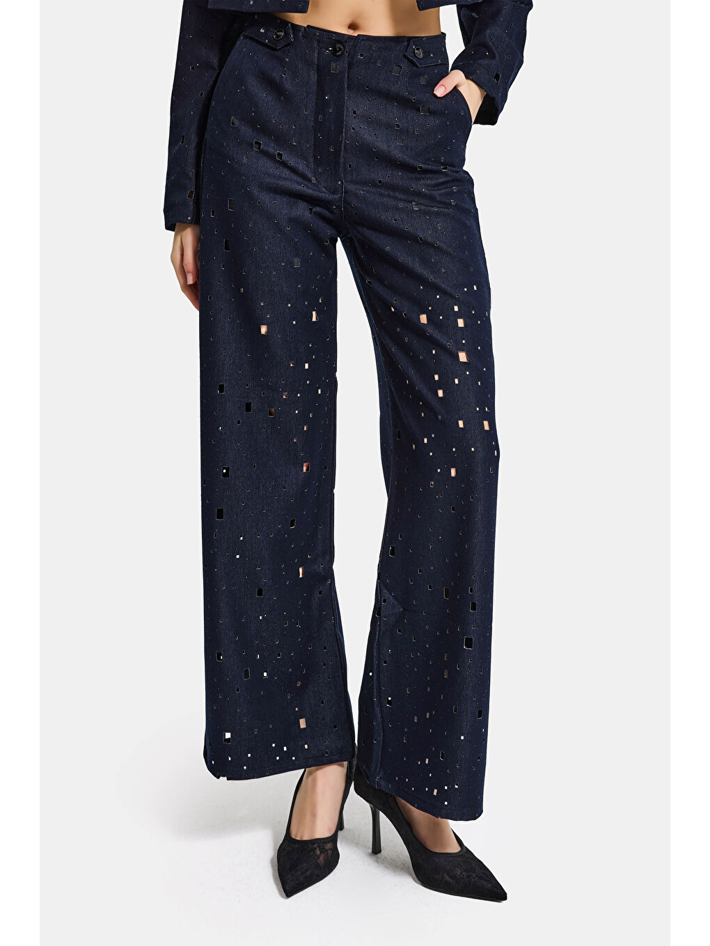 Kadın Lacivert s6-56 Wide Leg Özel Tasarım Delikli Denim Jean