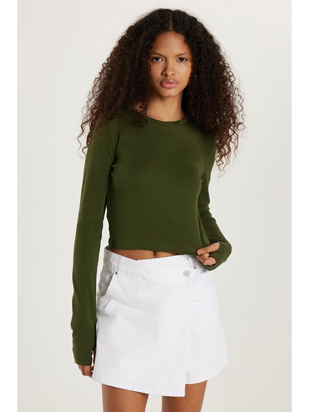 Kadın Slim Fit Dar Kesim Uzun Kollu Bisiklet Yaka Yeşil Bluz-1