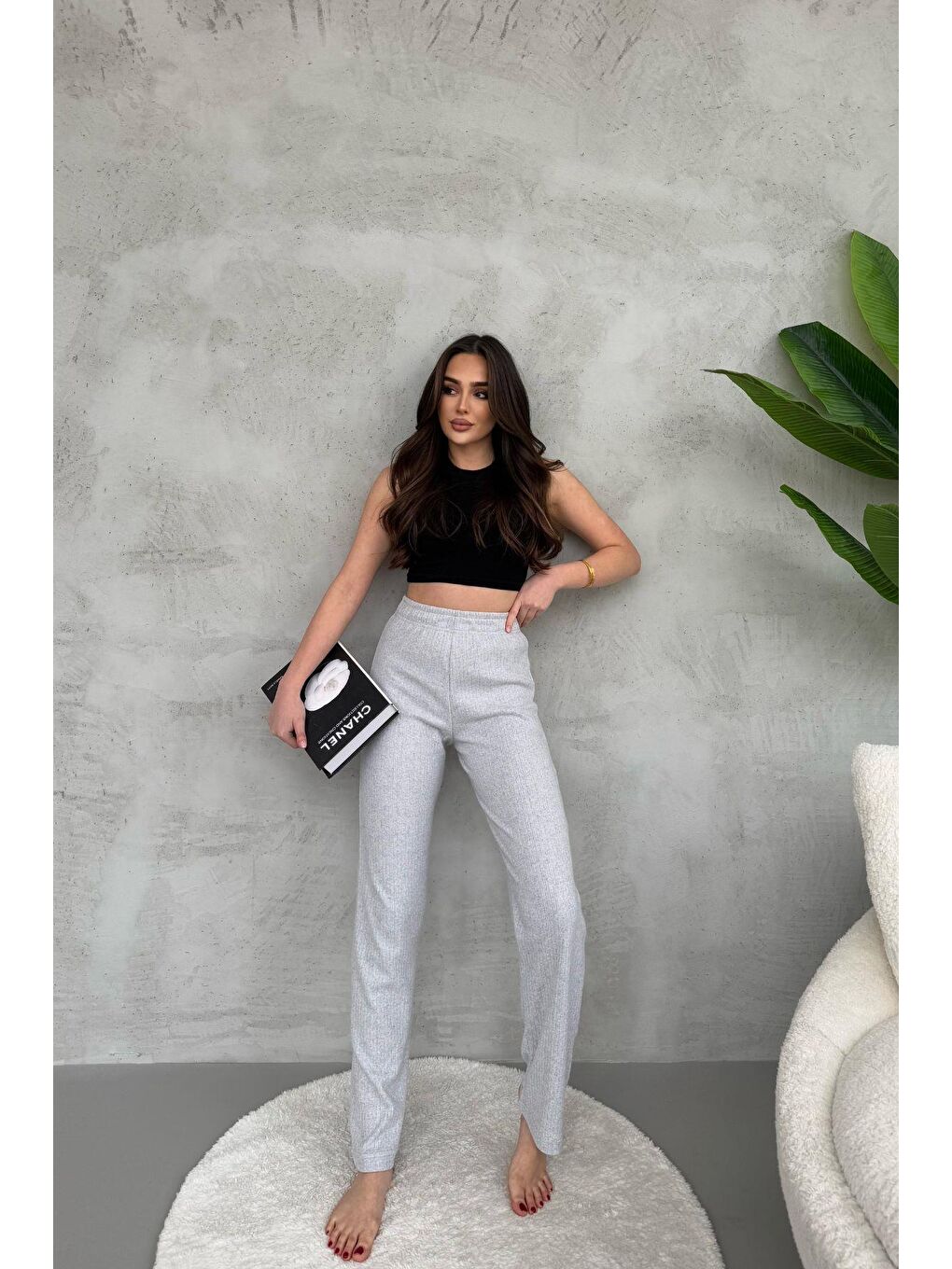 Kadın Gri Yüksek Bel Fitilli Bol Paça Günlük İnce Eşofman Altı Pijama-1