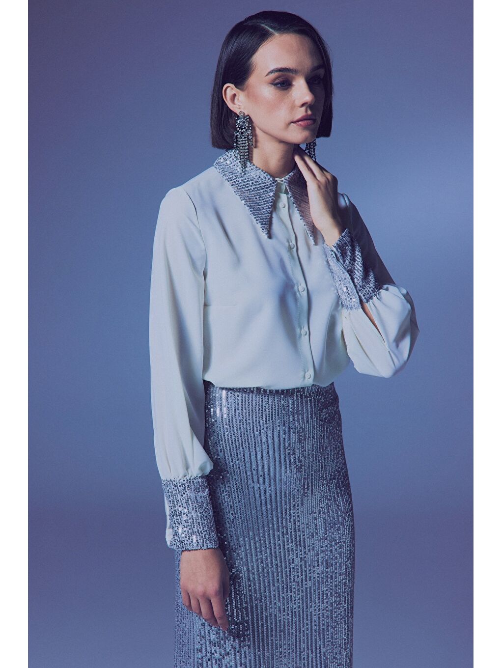 Gri Payet Detaylı Gömlek - Ekru-Gümüş-2