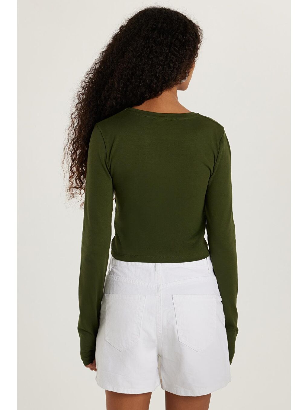 Kadın Slim Fit Dar Kesim Uzun Kollu Bisiklet Yaka Yeşil Bluz-3