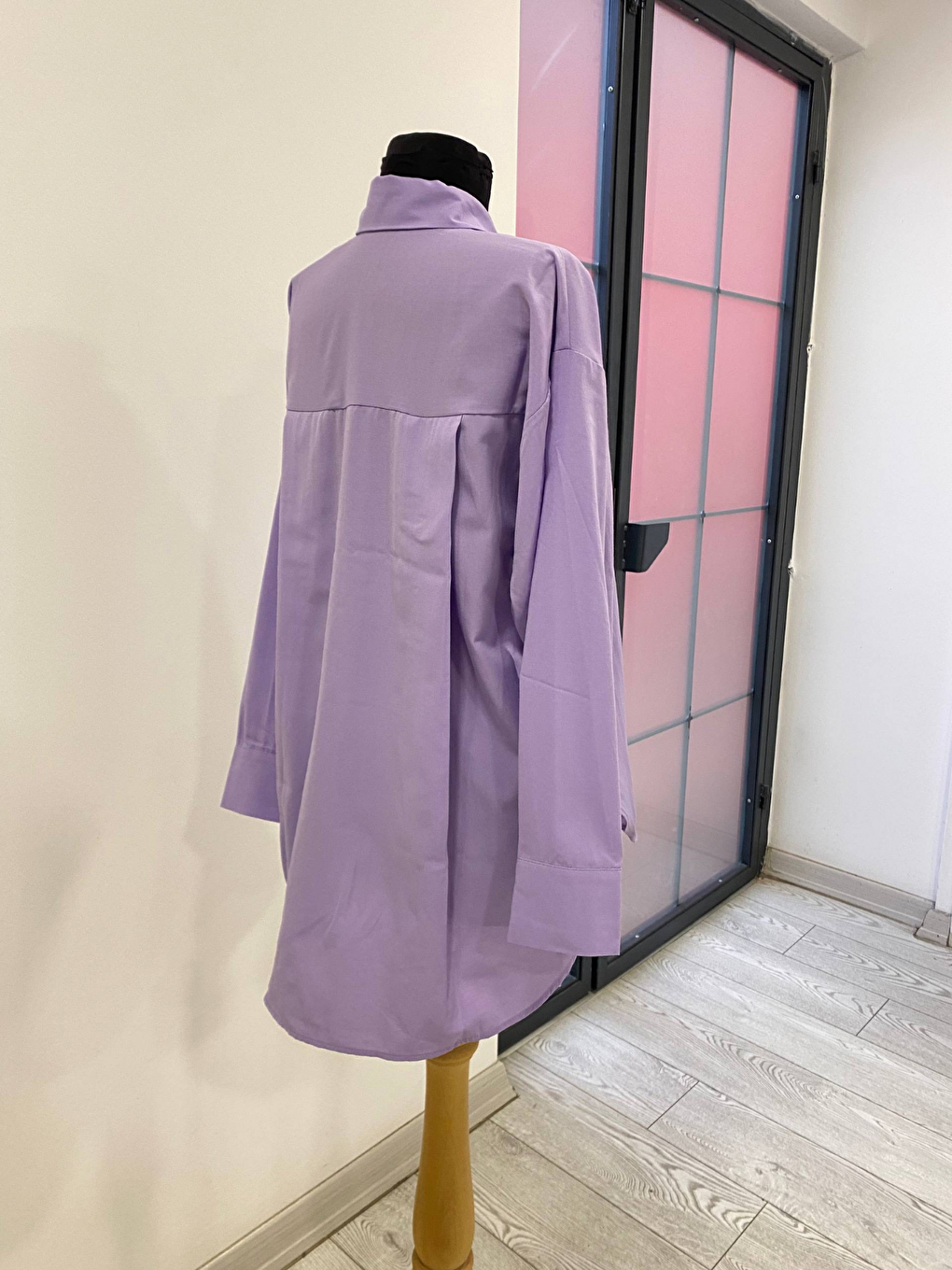 Lila Oversize Arkası Uzun Önü Kısa Poplin Gömlek-4