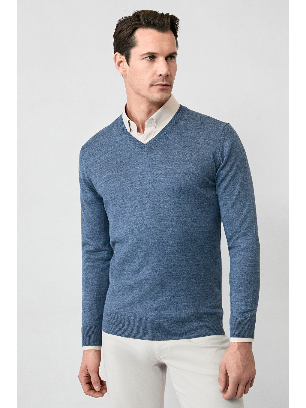 İndigo V Yaka Regular Fit Sıcak Tutan Yünlü Triko Kazak-5