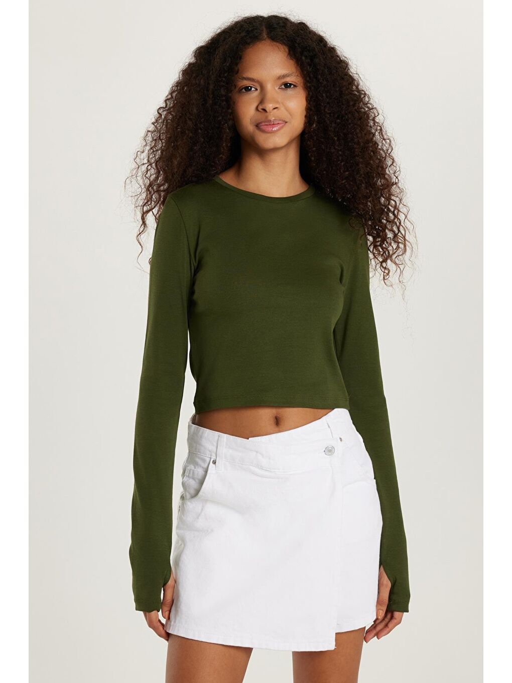 Kadın Slim Fit Dar Kesim Uzun Kollu Bisiklet Yaka Yeşil Bluz-4