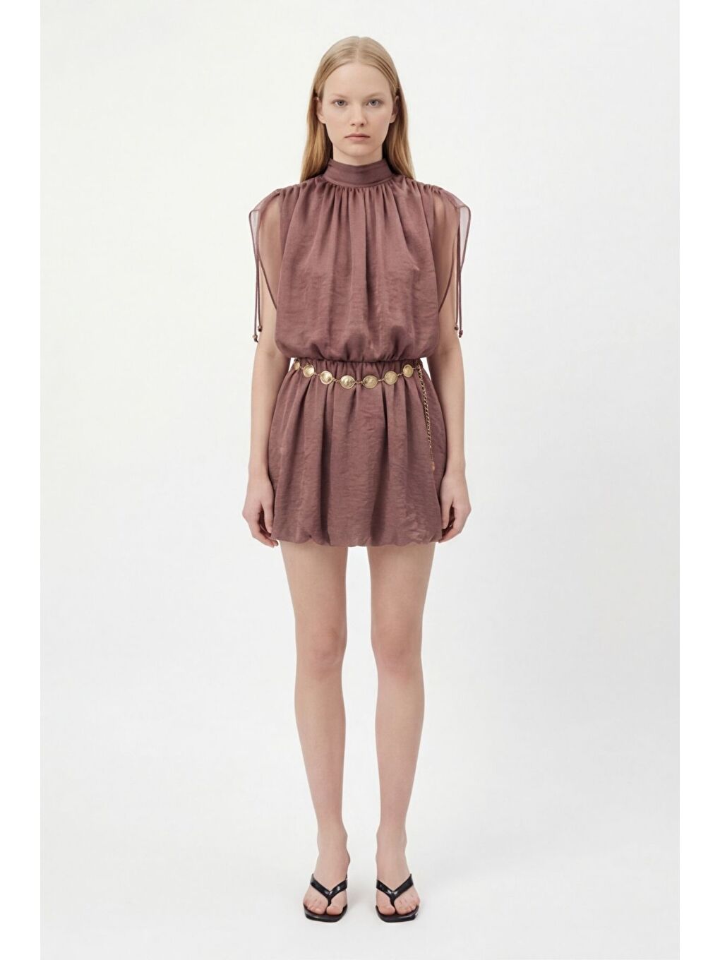 Yarasa Kol Zincir Kemerli Mini Elbise Kahverengi-2