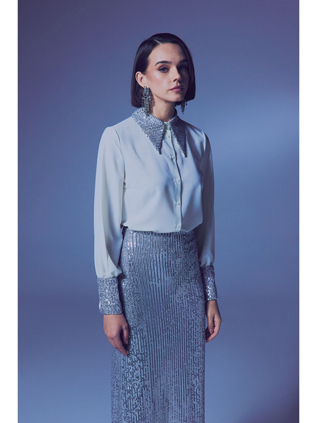 Gri Payet Detaylı Gömlek - Ekru-Gümüş-3