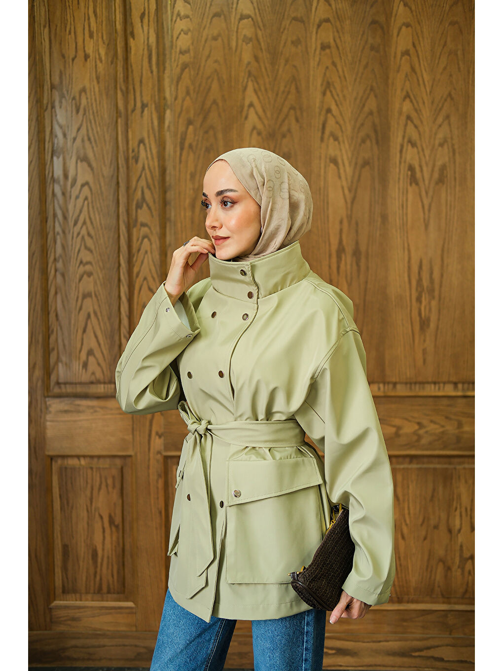 Kadın Deri Görünümlü Kısa Trenç Açık Yeşil-3