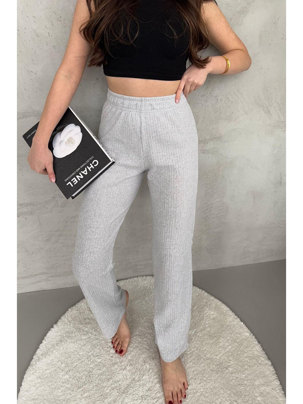 Kadın Gri Yüksek Bel Fitilli Bol Paça Günlük İnce Eşofman Altı Pijama-2