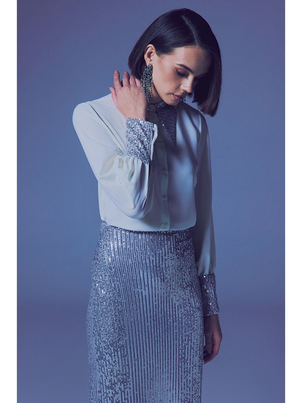 Gri Payet Detaylı Gömlek - Ekru-Gümüş-4