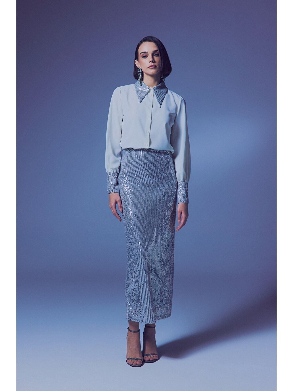 Gri Payet Detaylı Gömlek - Ekru-Gümüş-5