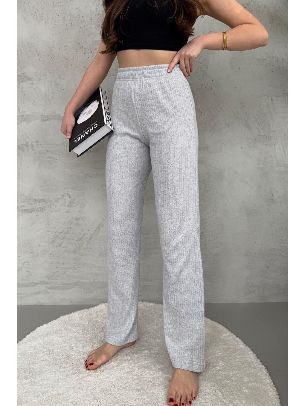 Kadın Gri Yüksek Bel Fitilli Bol Paça Günlük İnce Eşofman Altı Pijama-3