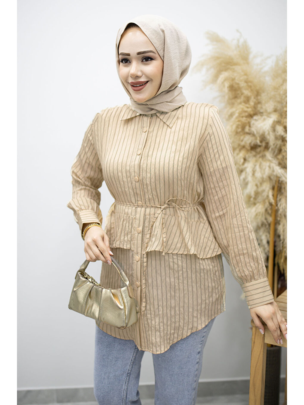 Fırfır Detaylı Çizgili Gömlek TSD260160 Bej-1