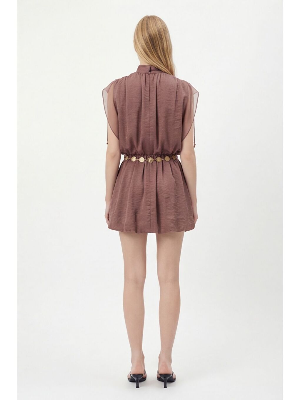 Yarasa Kol Zincir Kemerli Mini Elbise Kahverengi-3