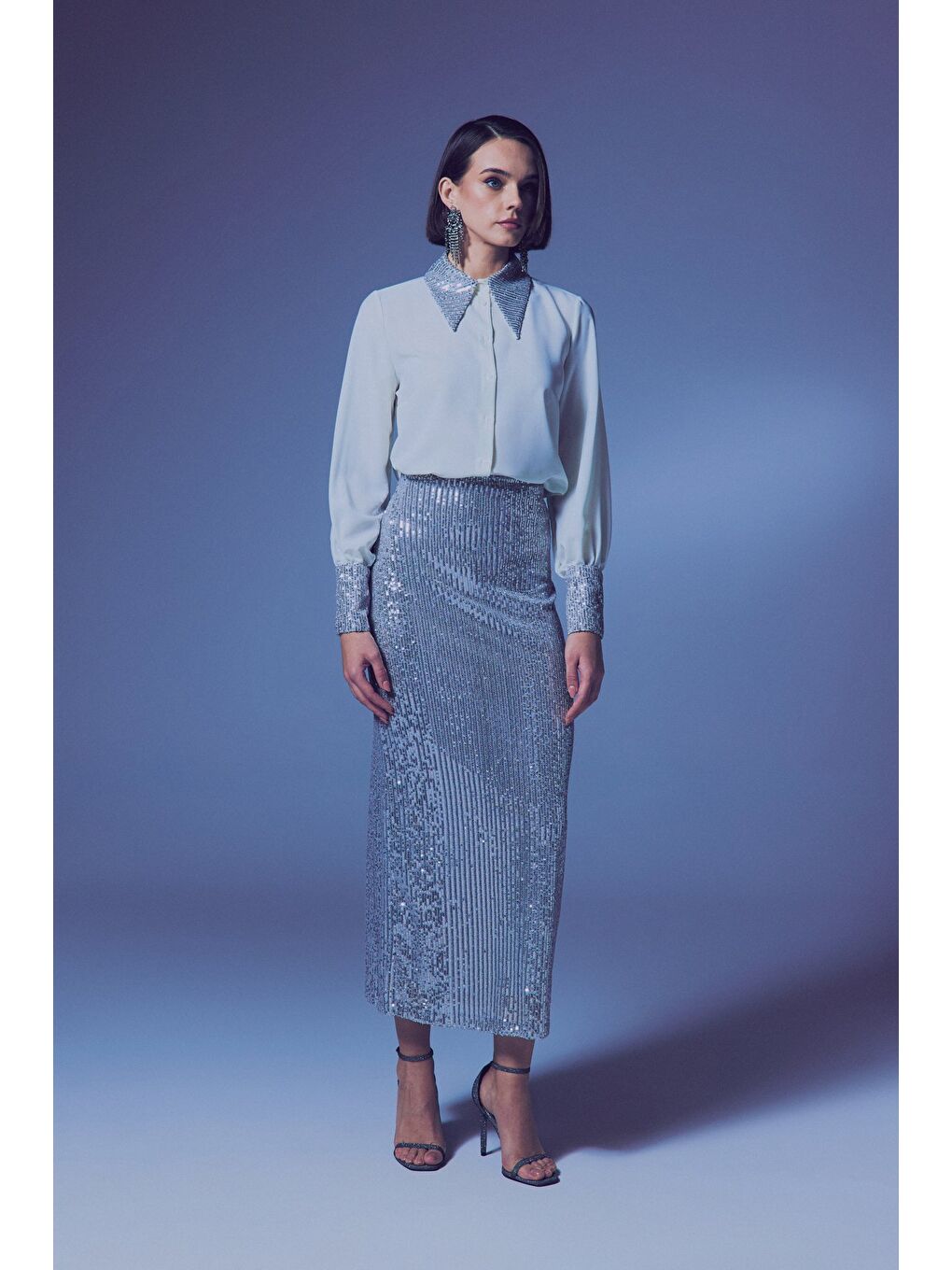 Gri Payet Detaylı Gömlek - Ekru-Gümüş-6