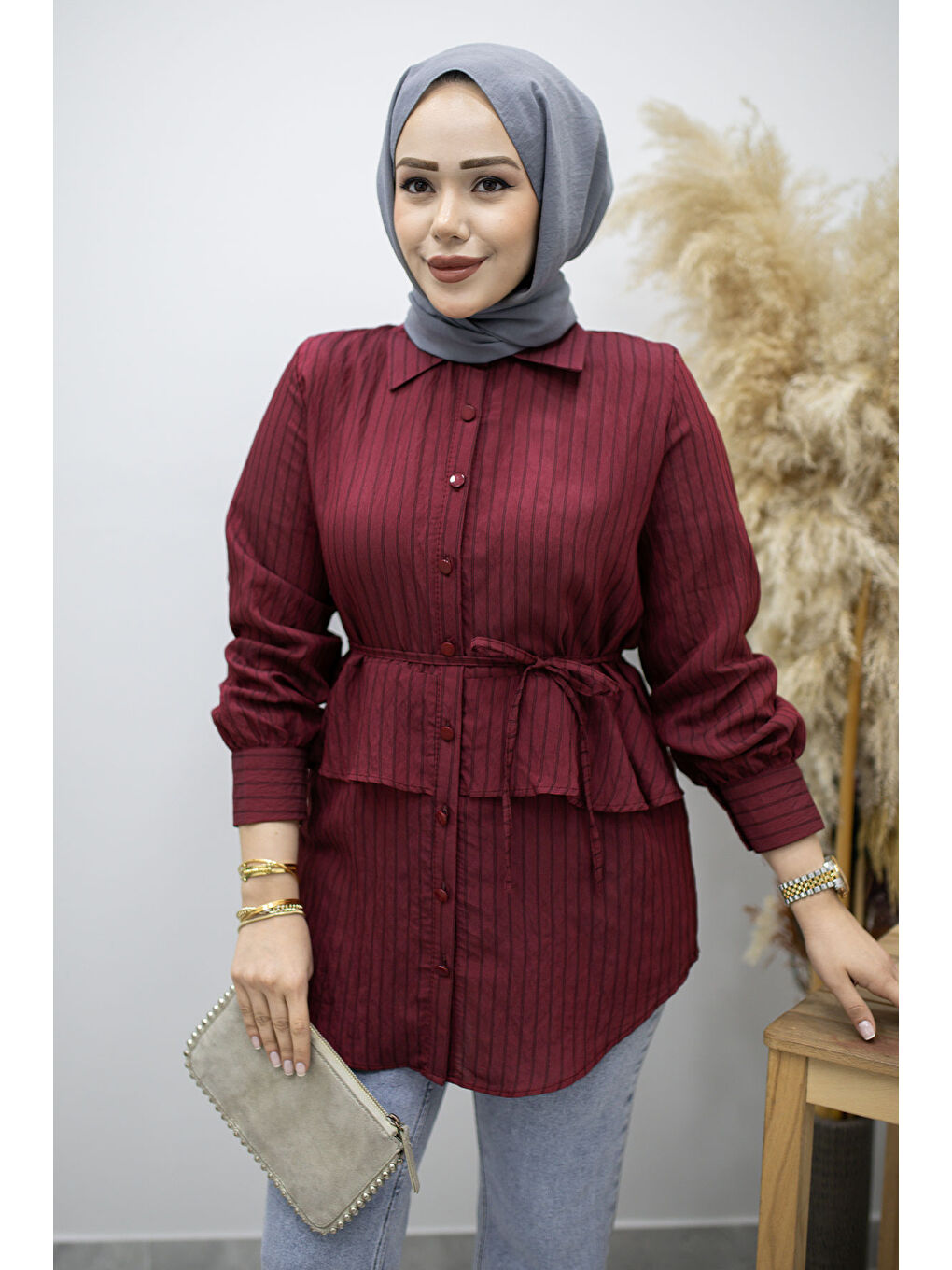 Fırfır Detaylı Çizgili Gömlek TSD260160 Bordo-1