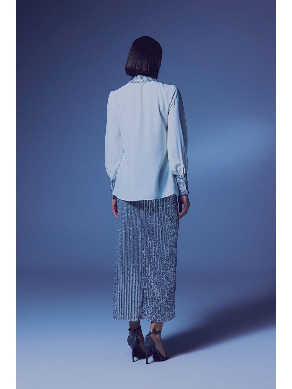 Gri Payet Detaylı Gömlek - Ekru-Gümüş-7