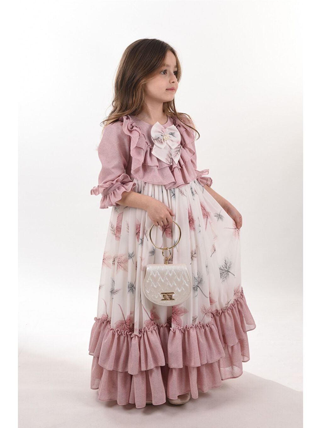 Pembe Yaprak Desenli Kız Çocuk Uzun Elbise, Çantalı Kız Çocuk Mezuniyet Elbisesi_M2370-1