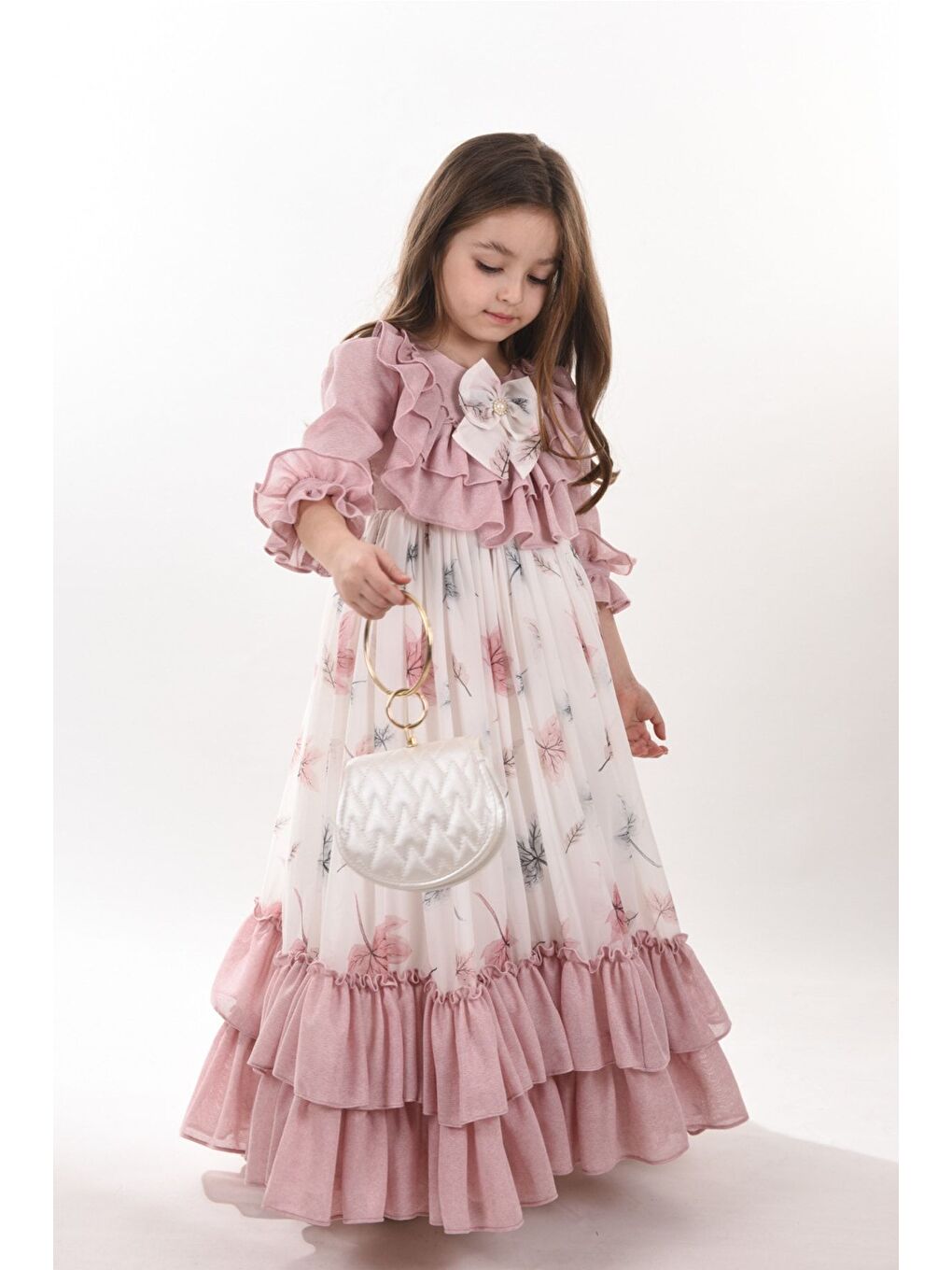 Pembe Yaprak Desenli Kız Çocuk Uzun Elbise, Çantalı Kız Çocuk Mezuniyet Elbisesi_M2370-2
