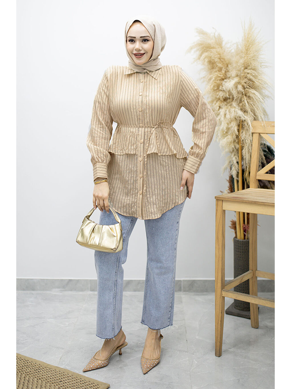 Fırfır Detaylı Çizgili Gömlek TSD260160 Bej-2