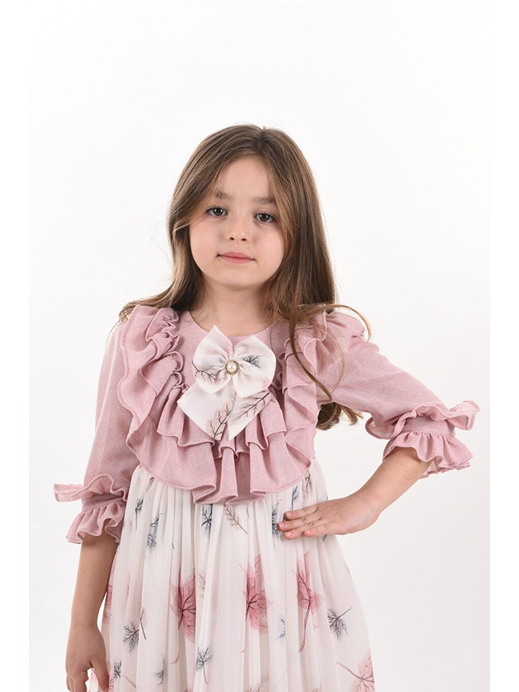 Pembe Yaprak Desenli Kız Çocuk Uzun Elbise, Çantalı Kız Çocuk Mezuniyet Elbisesi_M2370-3