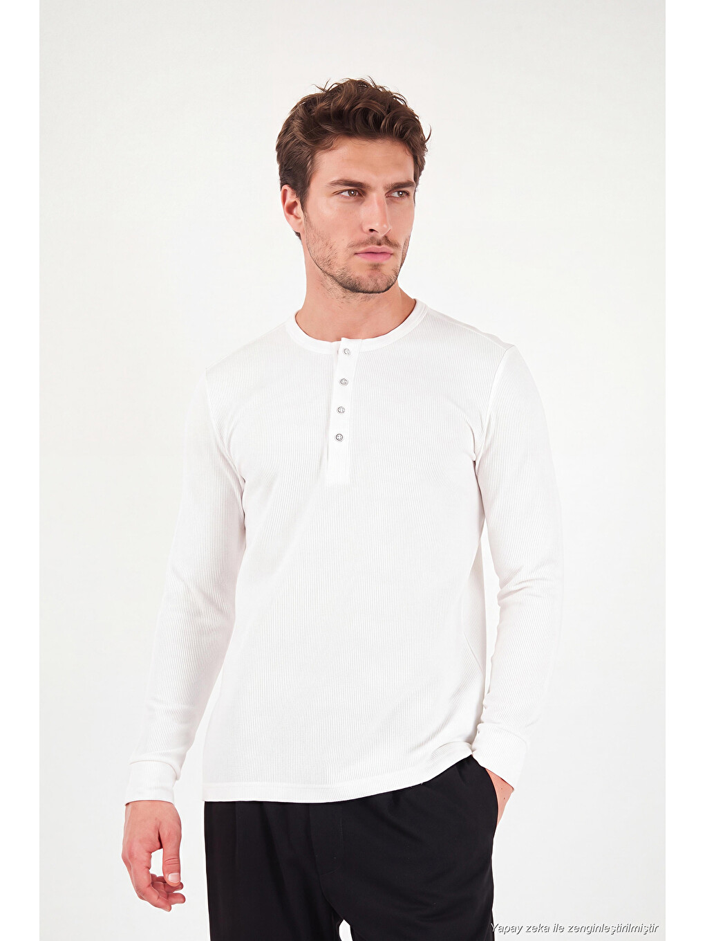 Ekru Pamuklu Regular Fit Düğmeli Bisiklet Yaka Sweat 5905852-3