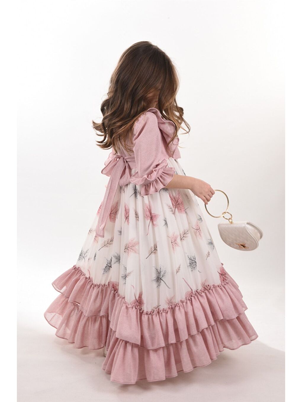 Pembe Yaprak Desenli Kız Çocuk Uzun Elbise, Çantalı Kız Çocuk Mezuniyet Elbisesi_M2370-4