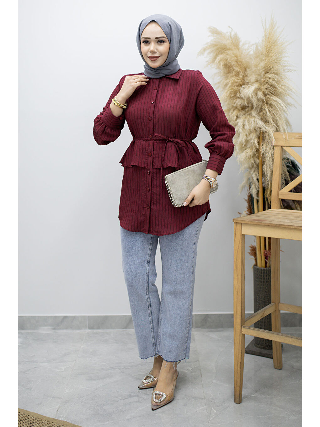 Fırfır Detaylı Çizgili Gömlek TSD260160 Bordo-2
