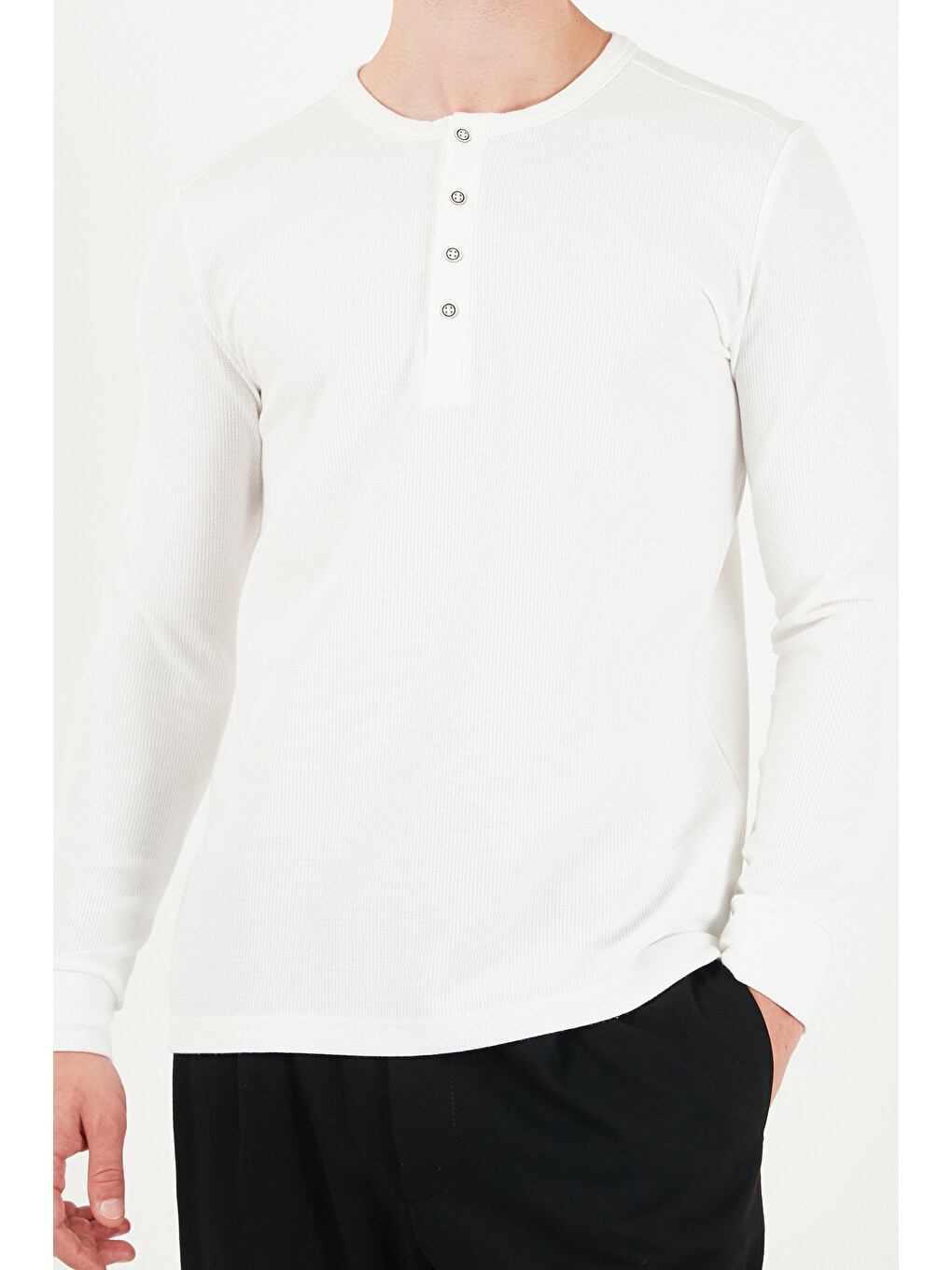 Ekru Pamuklu Regular Fit Düğmeli Bisiklet Yaka Sweat 5905852-5