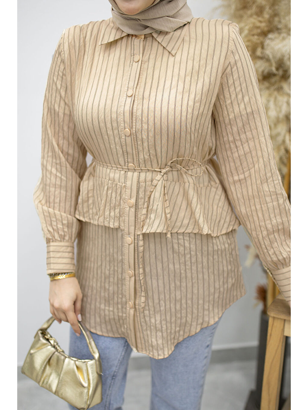 Fırfır Detaylı Çizgili Gömlek TSD260160 Bej-3