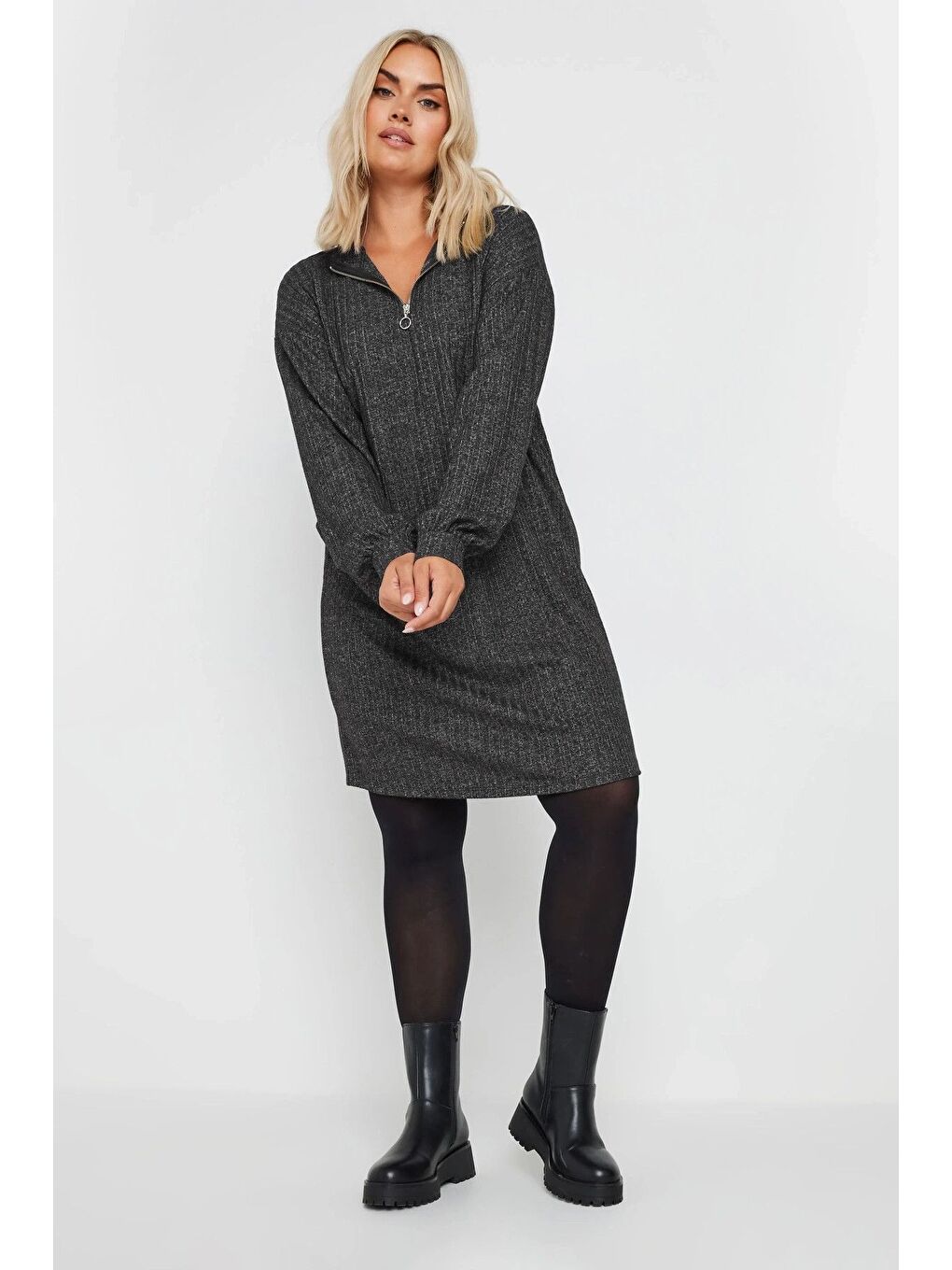 Antrasit Büyük Beden Yumuşak Kumaş Yakası Fermuarlı Fitilli Tunik Elbise 322179-1