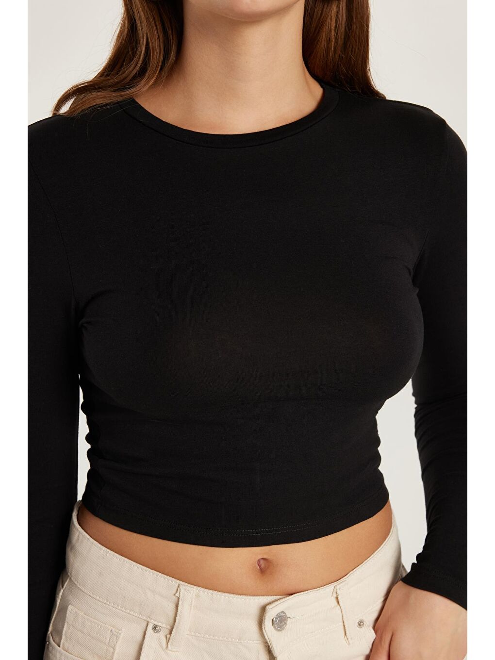 Kadın Slim Fit Dar Kesim Uzun Kollu Bisiklet Yaka Siyah Bluz-2