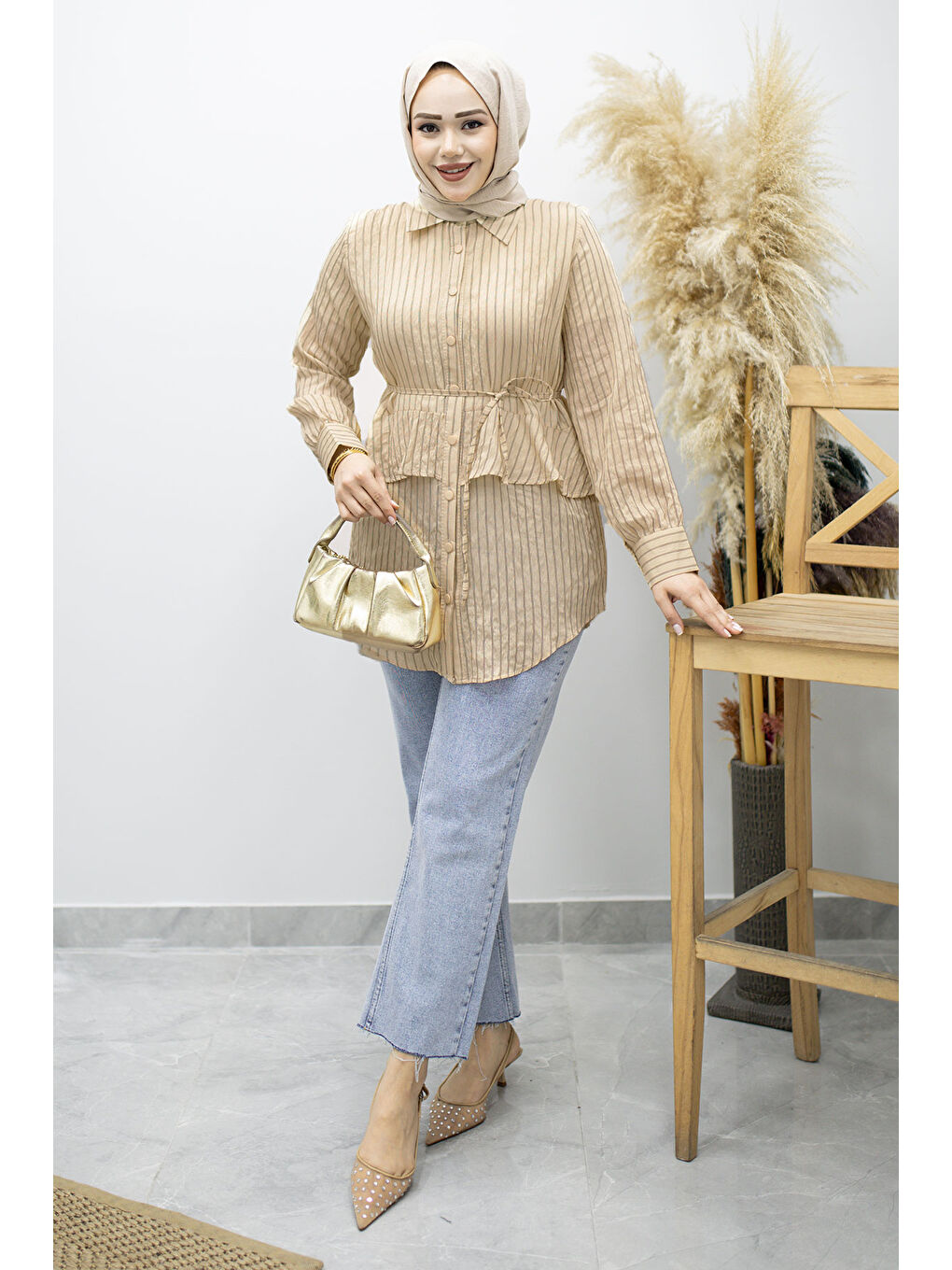 Fırfır Detaylı Çizgili Gömlek TSD260160 Bej-4