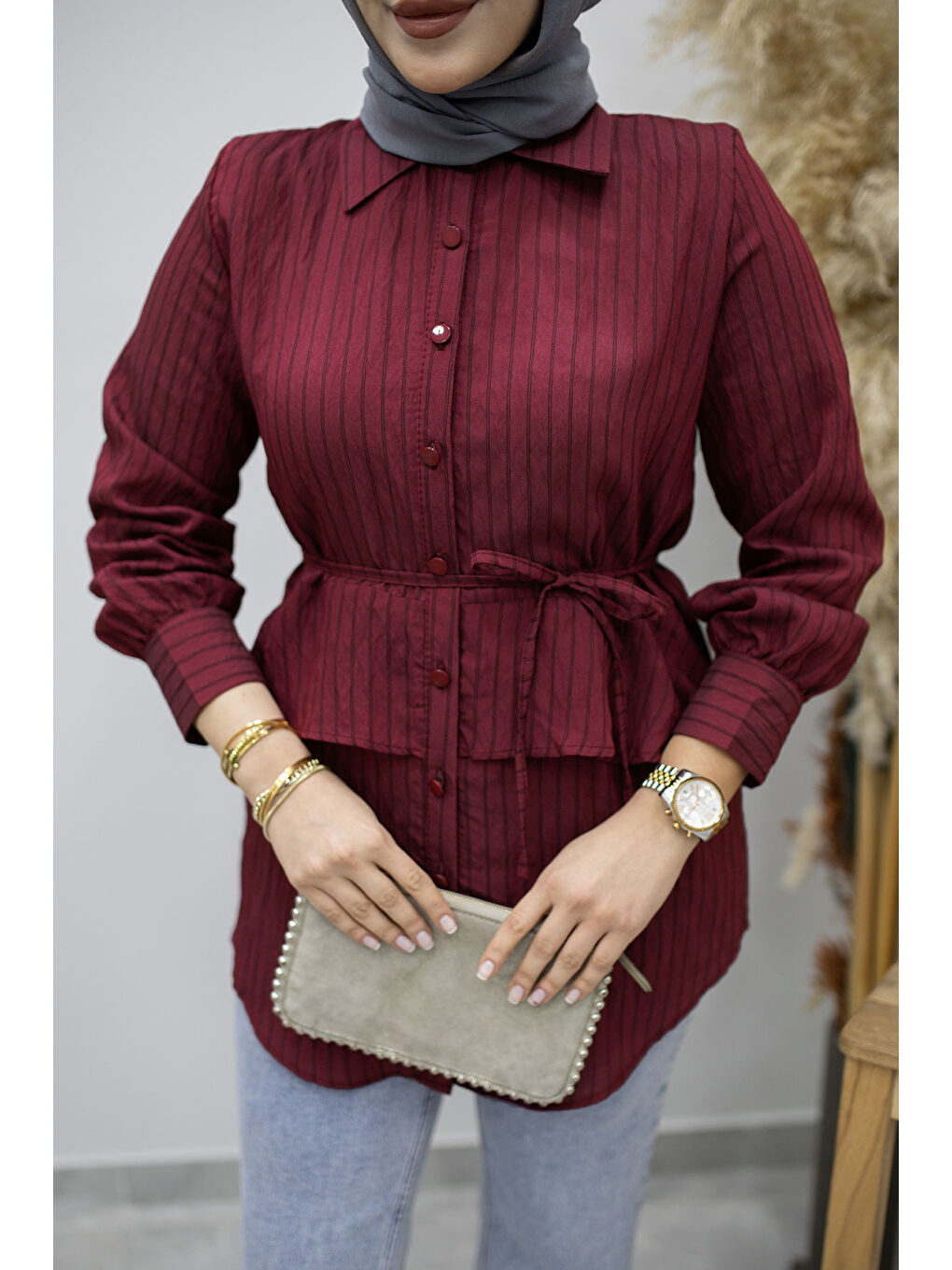 Fırfır Detaylı Çizgili Gömlek TSD260160 Bordo-3