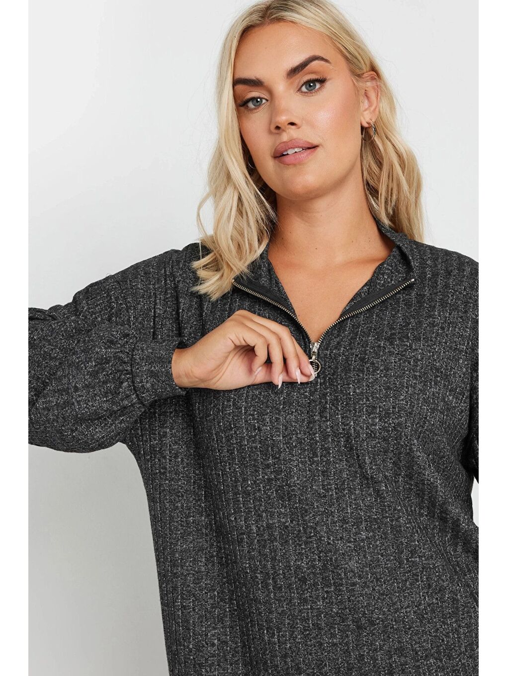 Antrasit Büyük Beden Yumuşak Kumaş Yakası Fermuarlı Fitilli Tunik Elbise 322179-2