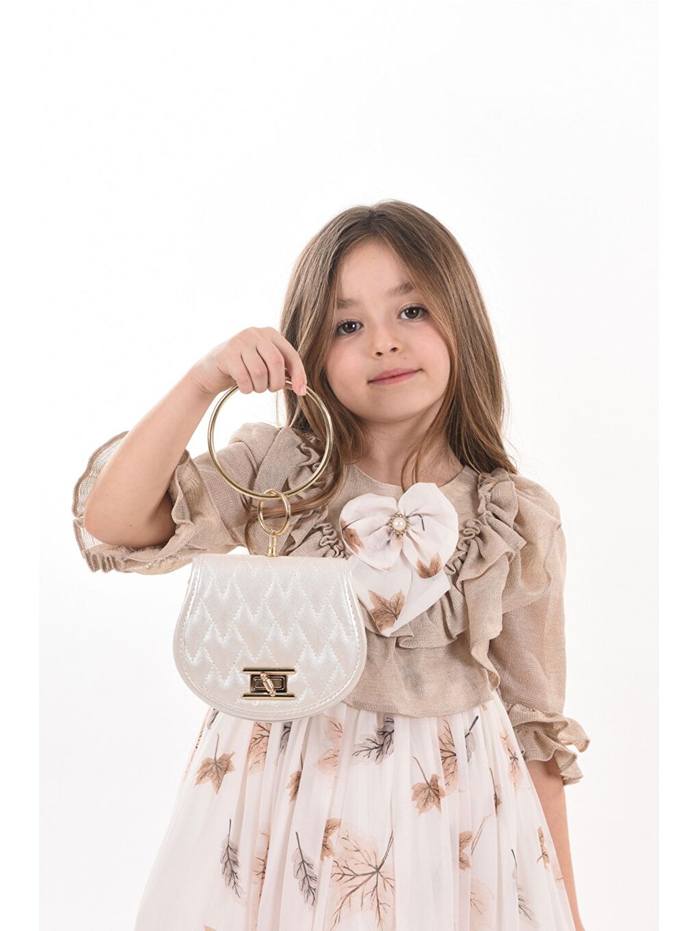 Bej Yaprak Desenli Kız Çocuk Uzun Elbise, Çantalı Kız Çocuk Mezuniyet Elbisesi_M2370-1